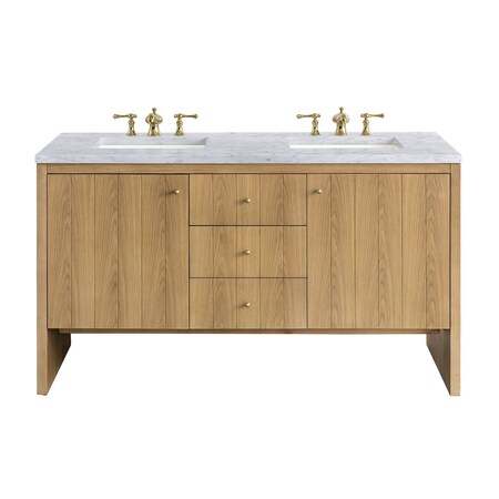 James Martin Vanities Hudson 60in Double Vanity, Light Natural Oak w/ 3 CM Carrara Marble Top 435-V60D-LNO-3CAR